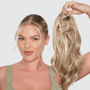 Medium wand wave ponytail showing inside image of claw and drawstring attachement