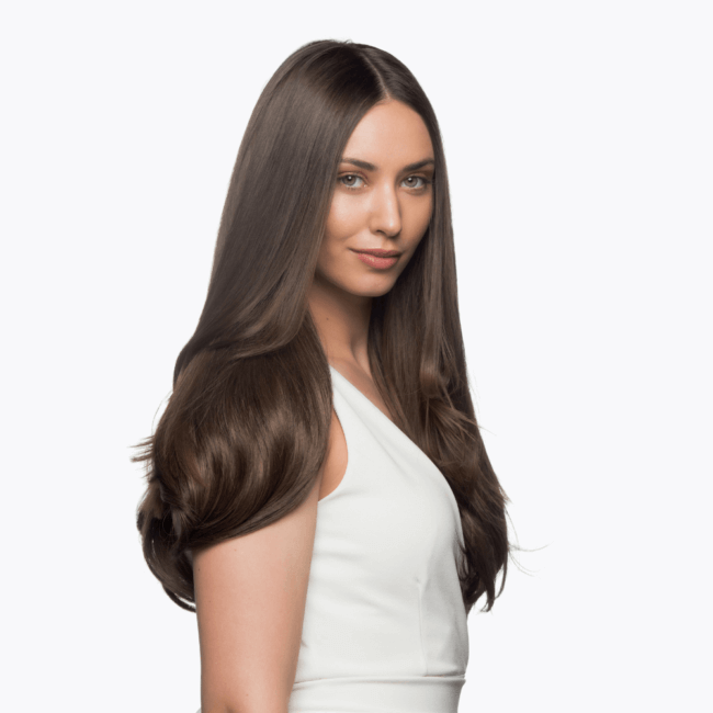 20” One piece flicks clip-in hair In brunette colour on pretty girl