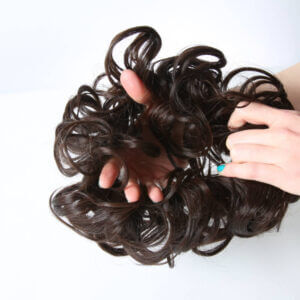 Curly hair messy bun scrunchie demonstration brunette hair colour